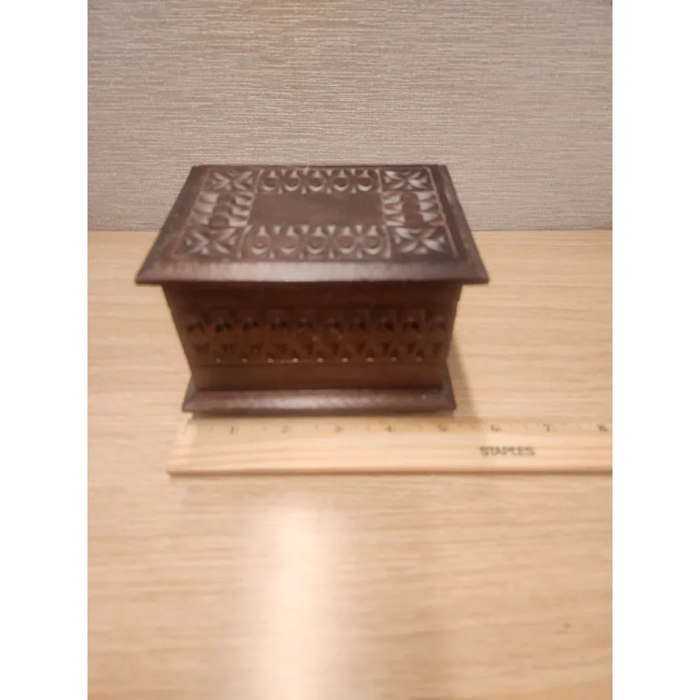 Vintage Hand Carved Wood Double Secret Compartment Hinged Trinket Or Jewelry Box